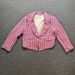 Free People Cassius Cropped Blazer Pink Tweed Raw Hems Oversized Relaxed Size XL